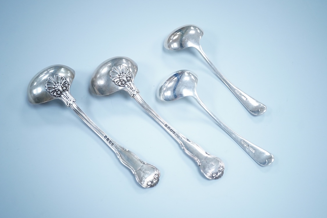 A pair of George IV silver King's husk pattern sauce ladles, by William Chawner II, London, 1825/27, 18.2cm, together with a pair of George VI Old English pattern sauce ladles, James Dixon & Sons, Sheffield, 1936, 7.9oz.